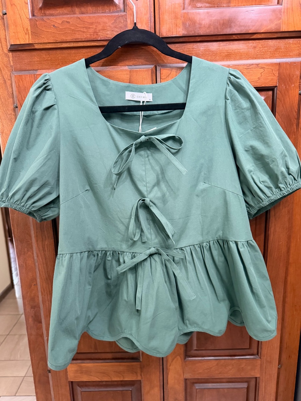 Army Green Peplum Tie-Front Puff Sleeve Top- NWT - Size M